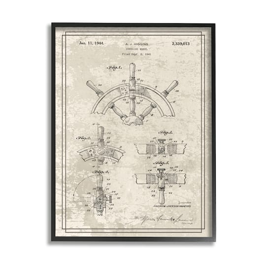 Stupell Industries Vintage Ship Steering Wheel Diagram Interior View in Frame Wall Art